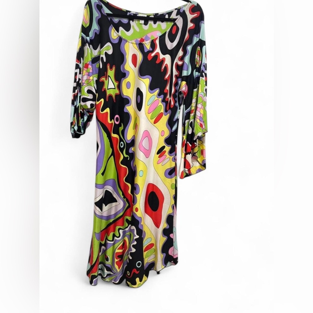 Cache Women Groovy Disco Swirl Multicolor Retro Scoop Neck All Silk Dress Size L